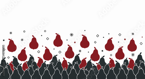 Modern vector illustration showcasing a decorative border of red and dark grey pear silhouettes on a white background