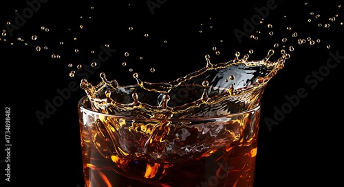 Refreshing splash of beverage in a glass against a dark background