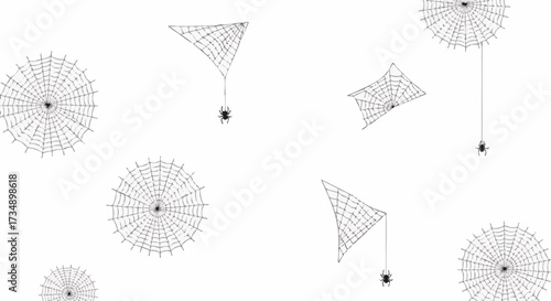 Seamless pattern featuring hand-drawn style black and white spiders and various shaped cobwebs scattered on a clean white background