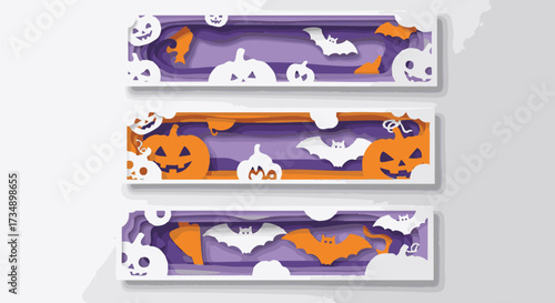 Set of three Halloween banners in a modern paper cut style. These layered illustrations feature spooky jack-o'-lanterns and bats in purple and orange