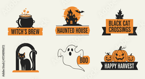 Set of six vintage style Halloween emblems featuring spooky icons like a witch's cauldron, haunted house, black cat, ghost, and jack-o'-lanterns