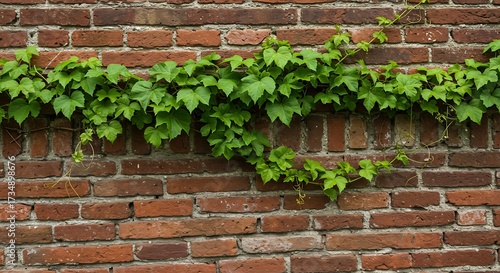 Green vine growing along red brick wall outdoors in sunlight