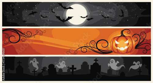 Set of three spooky Halloween themed horizontal banners featuring a full moon with bats, a glowing jack-o'-lantern, and ghosts flying over a cemetery