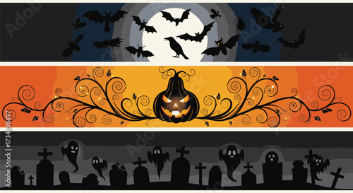 Set of three stylized vector banners perfect for Halloween promotions, featuring spooky night scenes with bats, jack-o'-lanterns, and a haunted cemetery