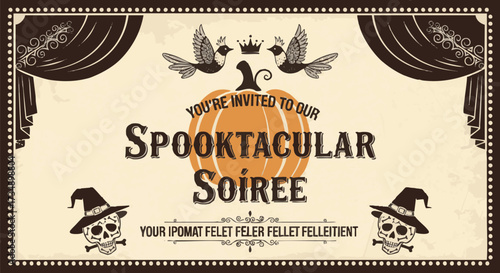 Spooktacular Soiree invitation featuring a pumpkin, skulls with witch hats, and vintage-style birds