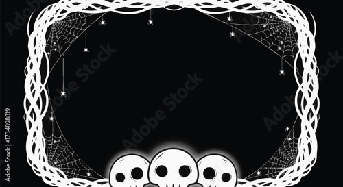 Spooky black and white Halloween frame design featuring cobwebs, hanging spiders, and three cartoon skulls along the bottom edge for copy space