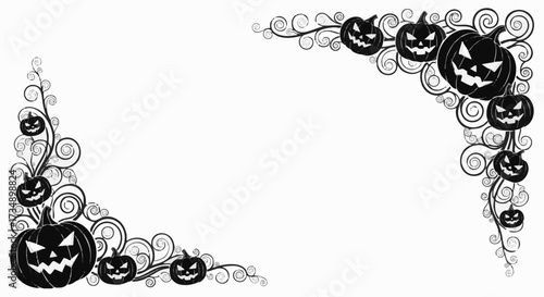 Spooky black and white Halloween corner border design featuring jack-o'-lanterns and swirling vines