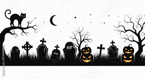 Spooky black cat perched on a spooky tree branch above a graveyard silhouette featuring tombstones and glowing jack-o'-lanterns under a crescent moon