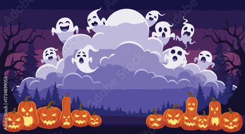 Spooky Halloween night illustration featuring cheerful cartoon ghosts rising from a foggy cloud over a spooky forest with glowing jack-o'-lanterns