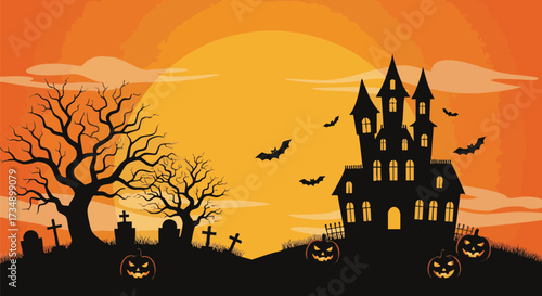 Spooky Halloween night illustration. Haunted castle and graveyard against an orange full moon. Bats fly, pumpkins glow
