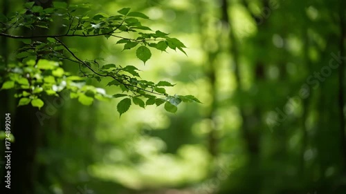 Dreamy slow pan through dancing sun dapples and shallow depth of field, as light filters through lush green leaves on a gentle breeze lush green leaves, gentle breeze, calm