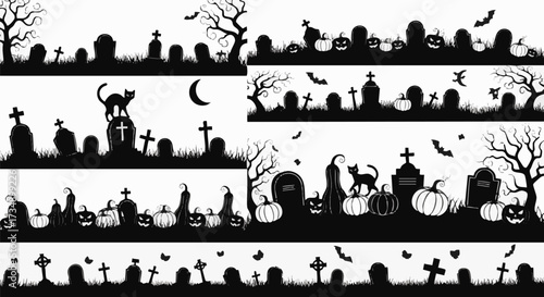 Spooky Halloween silhouette borders with gravestones, jack-o'-lanterns, black cats, and bare trees