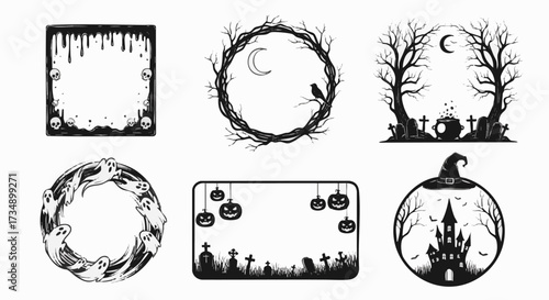 Spooky Halloween vector illustrations set in black and white. Includes frames with ghosts, skulls, pumpkins, haunted house, and a witch's hat