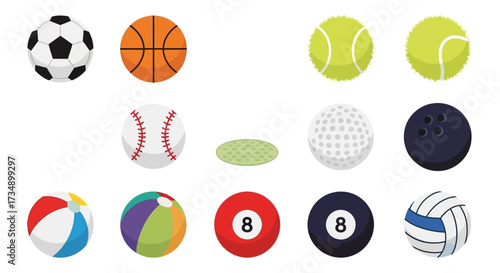 A collection of various colorful sports balls, including soccer, basketball, tennis, baseball, and volleyball, presented as flat vector icons.