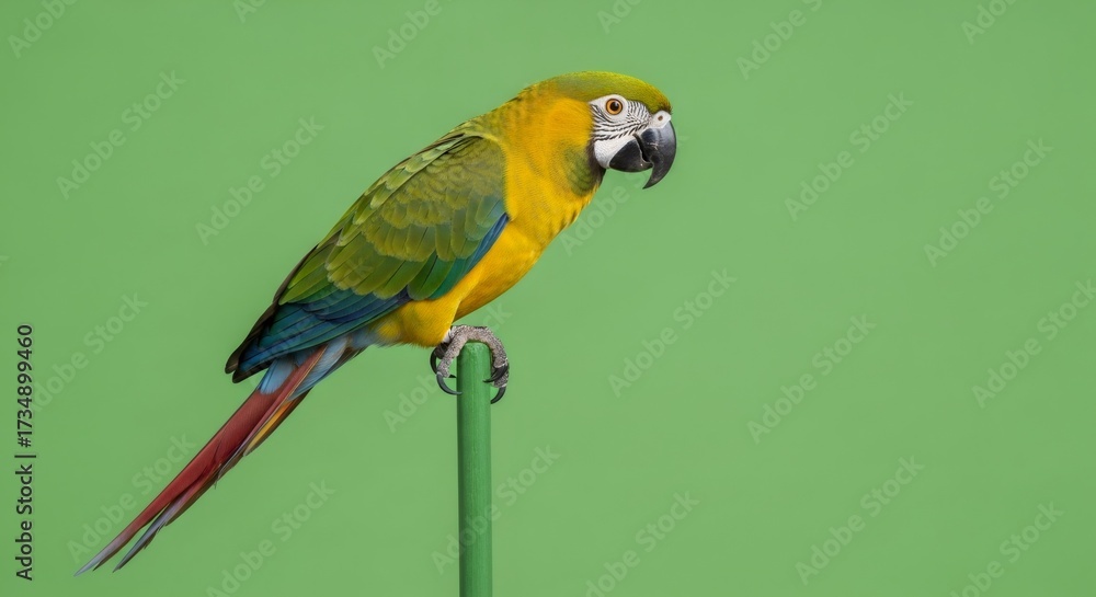 Obraz premium Colorful macaw parrot perched on a stick isolated on a green screen background. Effect for chromakey. Exotic bird with vibrant feathers.