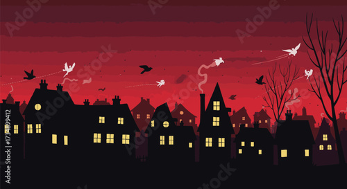 Stylized skyline of a quaint village at twilight, illustrated with a dark red sky
