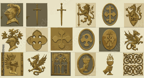 Medieval heraldry elements featuring knights swords lions and gothic architecture