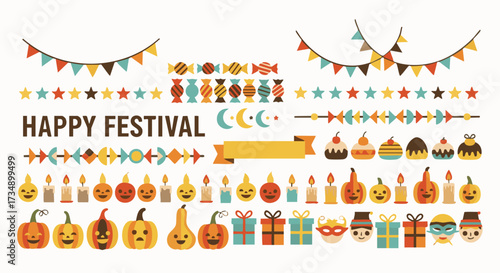 Vector set of cute flat design elements for a Happy Festival or Halloween celebration, featuring pumpkins, candles, banners, candies, and gifts