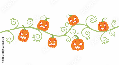 Vibrant Halloween border illustration with six cheerful Jack-o'-lanterns on a green vine
