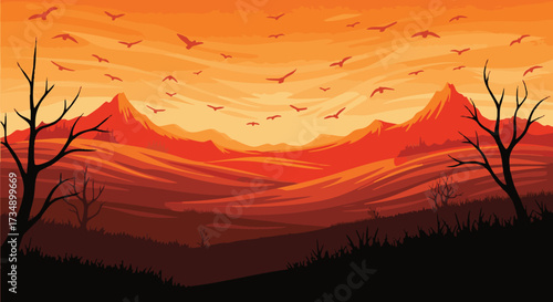Vibrant orange and red sunset vector illustration over layered mountain ranges with silhouette birds flying