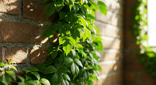 Green vine with lush leaves growing on a brick wall under sunlight