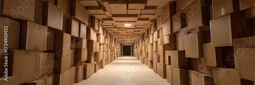 Long, narrow perspective of a surreal corridor constructed entirely from stacked brown cardboard shipping boxes, symbolizing logistics, commerce, and mass storage.