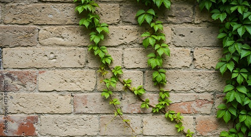 Green vines climbing a weathered brick wall natural texture and background