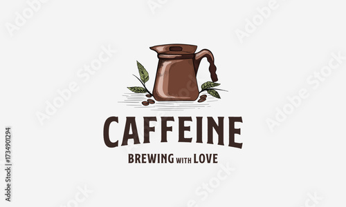Vintage coffee Pot logo hand drawn template vector, Cafe logo symbol
