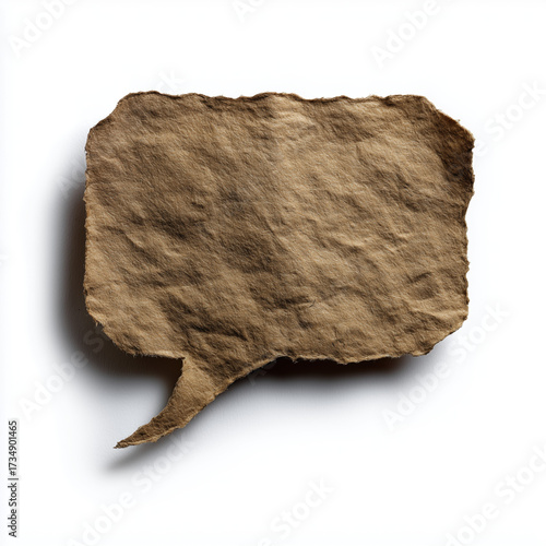 A vintage speech bubble, textured and worn, embodies communication. A tactile speech bubble on the canvas, casting a dramatic shadow.