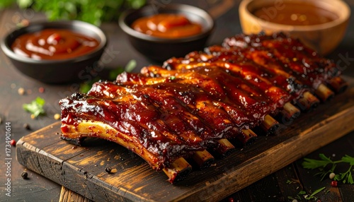 Delicious rack of barbecue ribs with sauces on a wooden serving board.