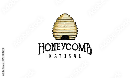 Honeycomb logo, Beehive with bees flying all around illustration symbol icon logo vector. Honeycomb with bees flying all around hand drawn logo vector. Hive icon vector
