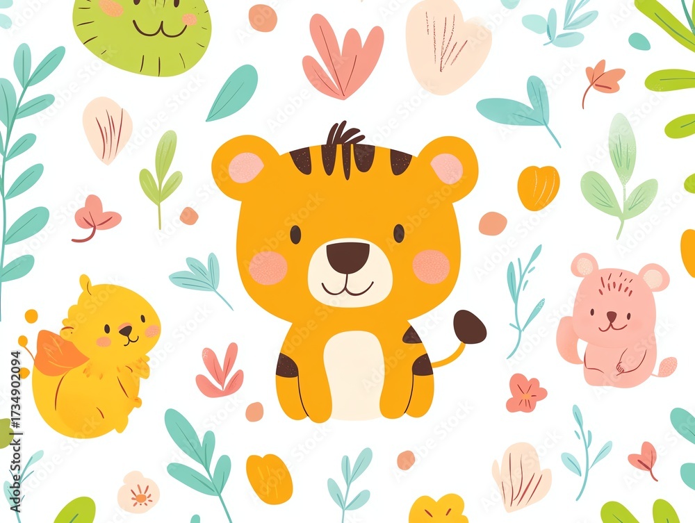 Fototapeta premium Kid animals Cute vector crayon child animal icon Children cute pattern Baby crayon background Kid pencil line art Cartoon child icon illustration School kindergarten jungle zoo doo