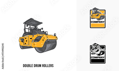 Double Drum Rollers heavy equipment illustration, Double Drum Rollers heavy equipment Logo Badge Template vector