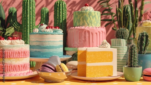 Vibrant dessert landscape with colorful cakes, macarons, and cacti arrangement
