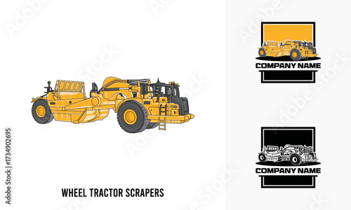 wheel tractor scraper heavy equipment illustration, wheel tractor scraper heavy equipment Logo Badge Template vector