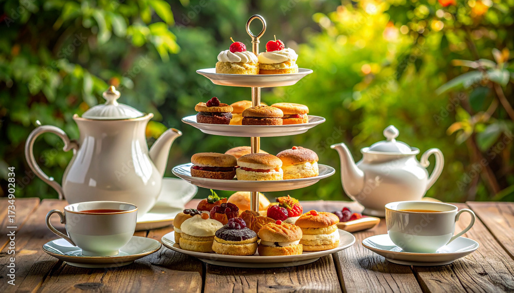 Fototapeta premium Traditional afternoon tea with cakes in a sunlit garden