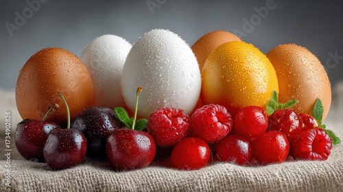 Still Life of Fresh Eggs and Berries with Water Droplets on Rustic Fabric