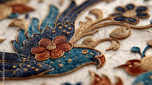 Detailed embroidery artwork showcasing a bird design with floral elements