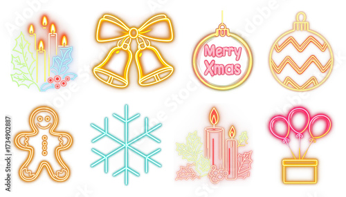 PNG Vibrant neon Christmas decorations, element set on transparent background