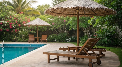 Relaxing poolside scene featuring umbrellas lounge chairs and lush greenery