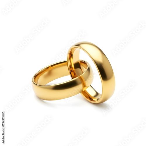 Golden wedding rings displayed on white background  