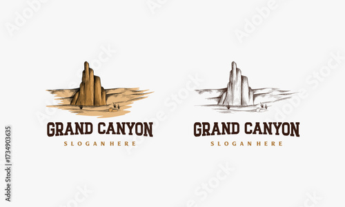 Hand Drawn Rock Cliff Logo Design Vector, Canyon vintage logo template