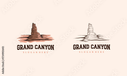 Hand Drawn Rock Cliff Logo Design Vector, Canyon vintage logo template