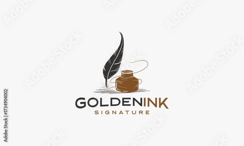hipster vintage Feather quill pen logo with inkpot, classic stationery hand drawn logo illustration