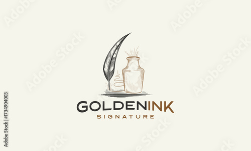 hipster vintage Feather quill pen logo with inkpot, classic stationery hand drawn logo illustration