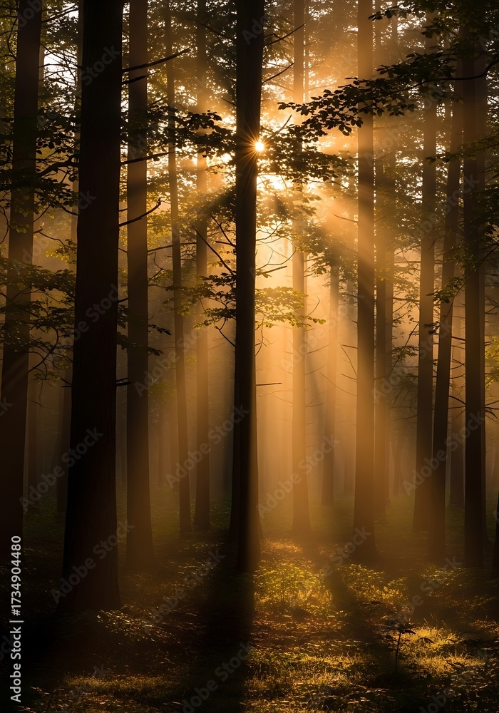 Obraz premium Golden Sunlight Piercing Forest Canopy.