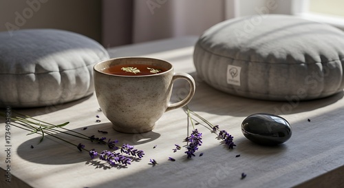 Relaxing tea cup with lavender and cushions on wooden table setting