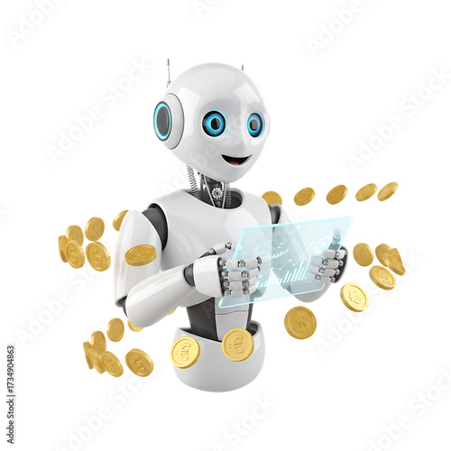 3d illustration of a cute robot using a tablet with gold coins floating around it isolated on transparent background, representing digital currency and financial technology