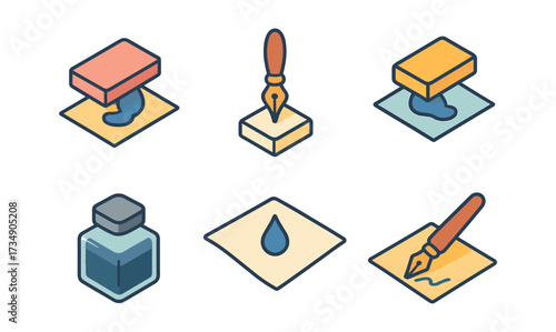 Isometric pen and ink set with nib and ink bottle in pastel colors