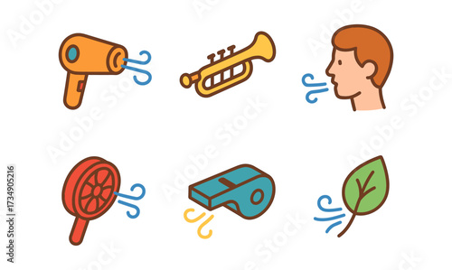 Colorful air movement icons: wind instruments, appliances, nature elements